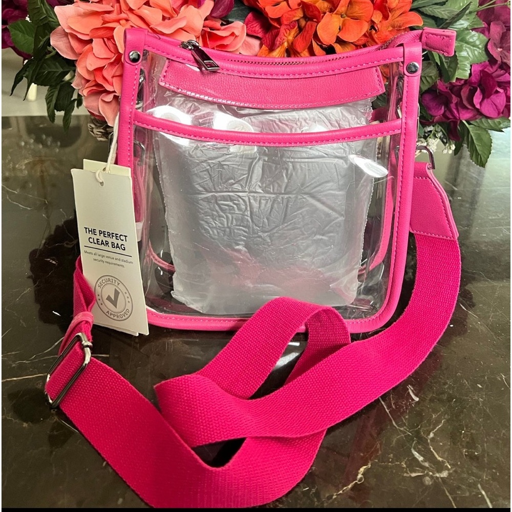 New Madison Wedt The Perfect clear Bag Clear and hot pink crossbody wide strap